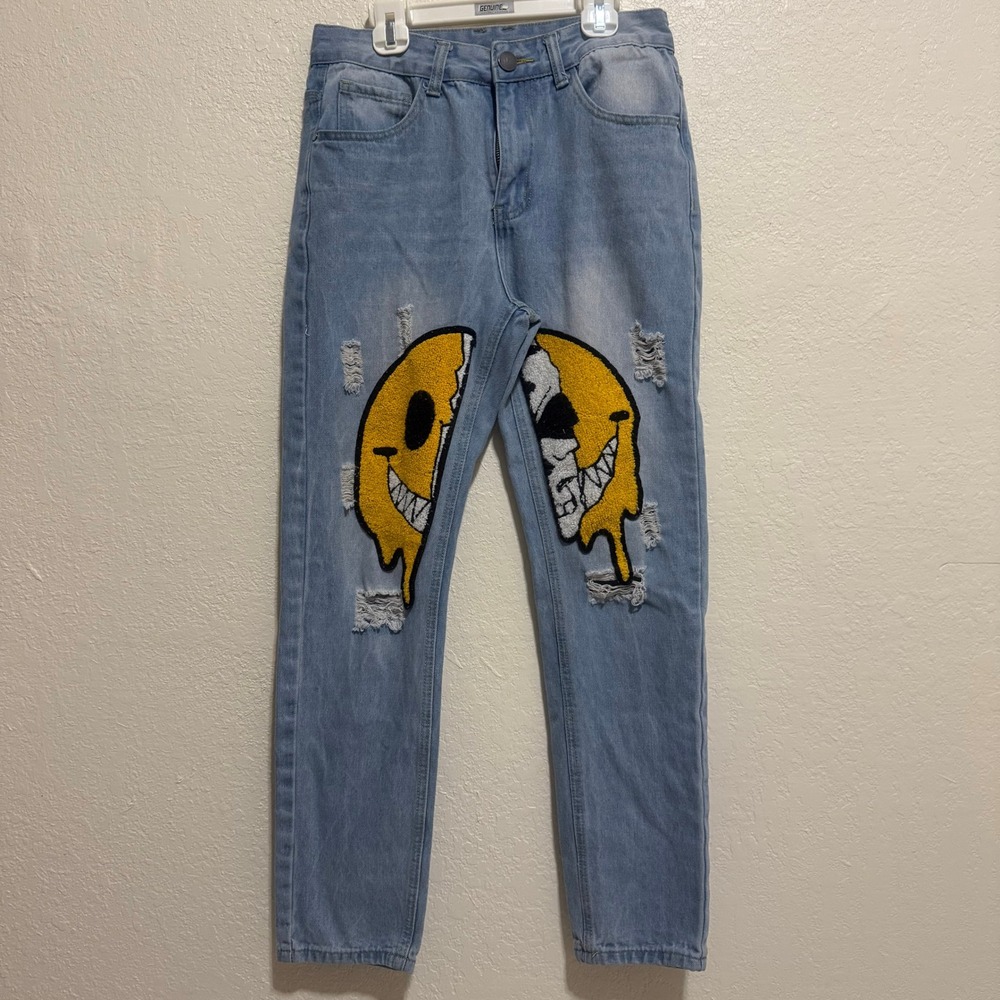 Unbranded Distressed Light Wash Jeans w/ Melting Smiley Skull Patches Streetwear